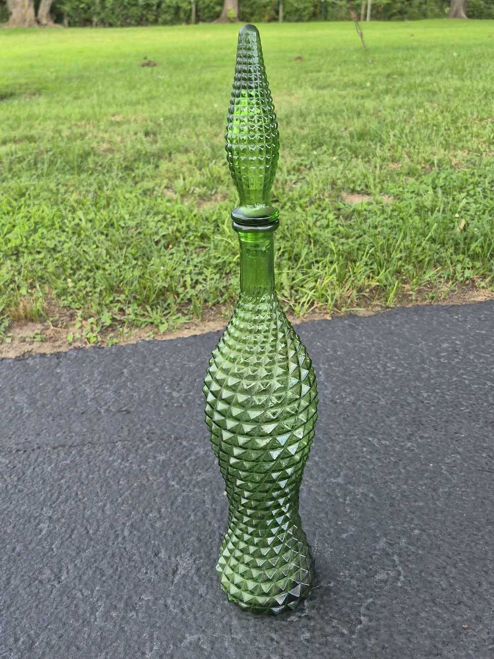 Vintage Green Textured Glass Decanter with Stopper